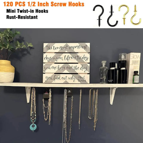 Shelf displaying jewelry hanging on Half Inch Small Screw Hooks Set 120 Pcs Rust Resistant Coated Steel Mini Twist In Hooks, gold finish.