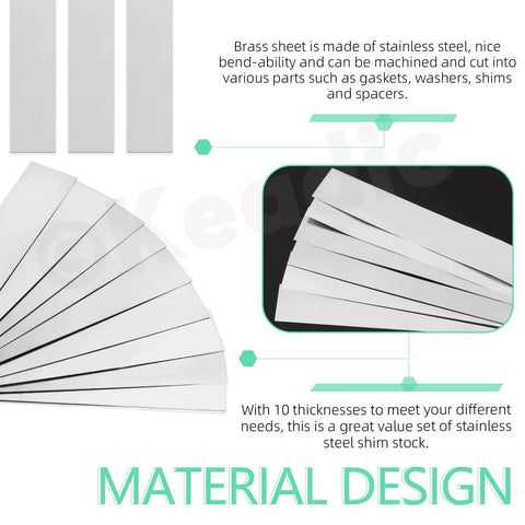 10Pcs Stainless Steel Shim Stock Set For DIY Auto Repairs And Machinery, fan layout showing flexible stainless steel strips