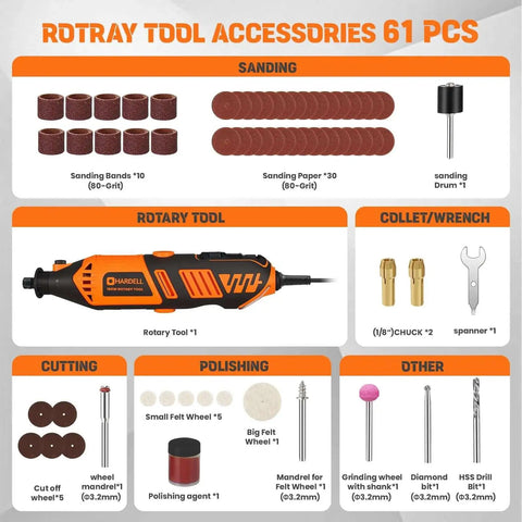 Powerful 180W Corded Rotary Tool Kit With 6 Speed Settings And 61 Accessories 8000 To 35000 RPM For Sanding Polishing Cutting Engraving Carving And DIY Projects Orange by Hardell shown with included accessories.