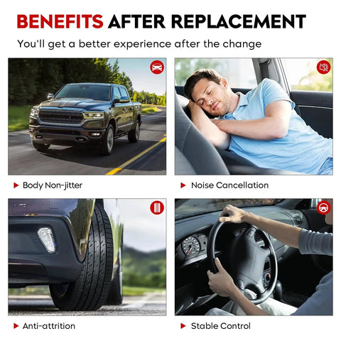 Benefits after replacement: vehicle stability, noise cancellation, tire anti-attrition, and steering control improvement.