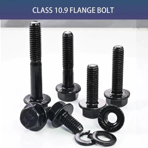 Beefy 180 Piece M6 Flange Bolt Kit With Washers And Nuts, M6x1.0 Pitch, Mixed Lengths 12-40mm, Black Zinc Galvanized Grade 10.9