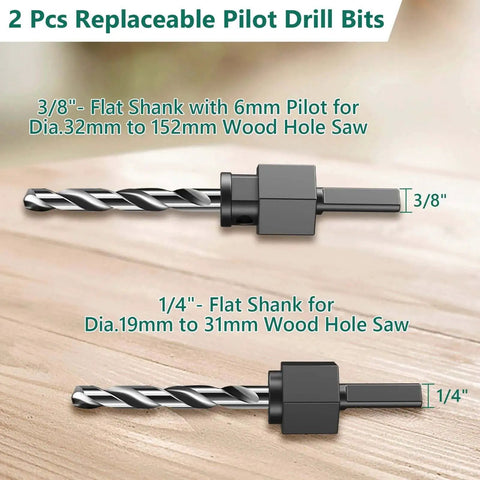 Two replaceable pilot drill bits for Ultimate 19 Piece Hole Saw Kit, showing 3/8" and 1/4" flat shank sizes on wooden surface.