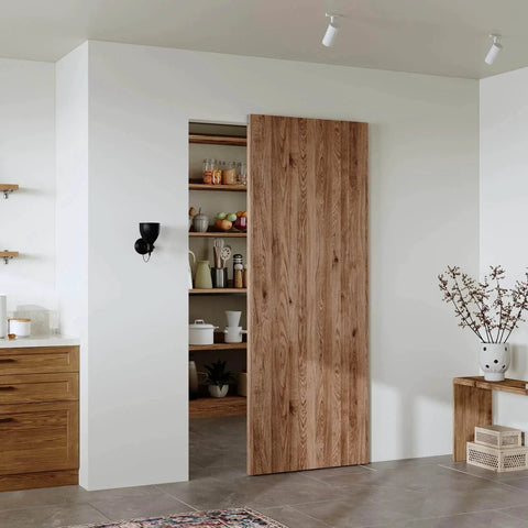Ceakian 32 Inch Concealed Sliding Barn Door Hardware Kit With Soft Close For 24 Inch Passage Opening Zero Clearance From Wall installed in modern kitchen