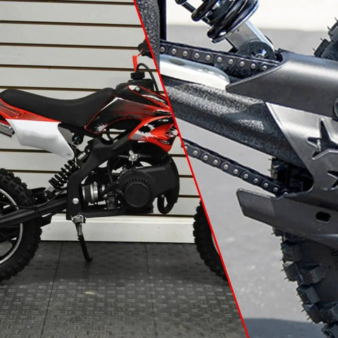 Side view of a mini chopper and close-up of T8F Drive Chain Breaker Tool 116 Link Heavy Duty For 43cc 47cc 49cc 50cc bikes.