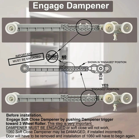 Diagram of Bi-Directional Soft Close Sliding Pocket Door Rollers Kit With 1 Inch Ball Bearing Wheels, Compatible With 100, 134F, 138F, 2610F Track Series, For 100PD 1500 1560 1562 Pocket Door Hardware And 2610F Sliding Door Systems, 2 Pack, showing dampener engagement.