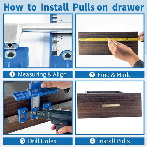 Cabinet Hardware Jig For Precise Handle Knob And Drawer Pull Installations With Three Piece Point Wood Drill Bits 3mm 4mm 5mm And Dowelling Guide Set Durable Woodworking Drill Guide For Doors And Drawers No Jitter Easy To Use DIY Friendly shown in use on drawer