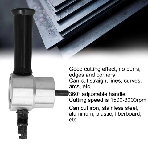 Double Head Metal Cutter for Steel and Aluminum, shown with 360° adjustable handle and hex drill bit, cuts iron and more.