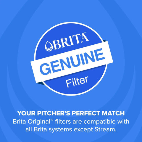 Promotional image for Brita filter showing text compatibility with all Brita systems, highlighting Standard Water Filter for Pitchers Reduces Chlorine Impurities Six Filters.