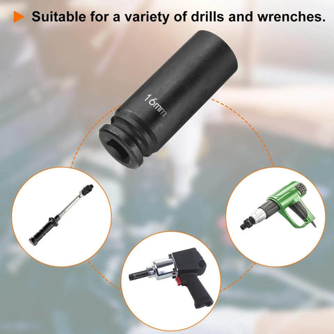 Beefy Deep Impact Socket 3/8 Inch Square Drive, 16mm 6 Point, 65mm Long Flip Socket, CR-MO Steel, shown with compatible tools