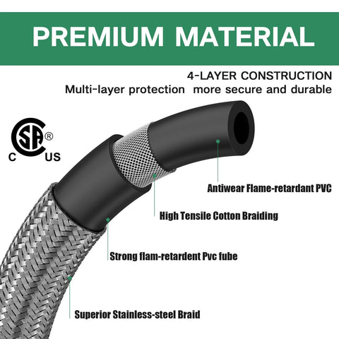Propane hose with stainless-steel braid and black flame-retardant PVC coating for LP gas appliances
