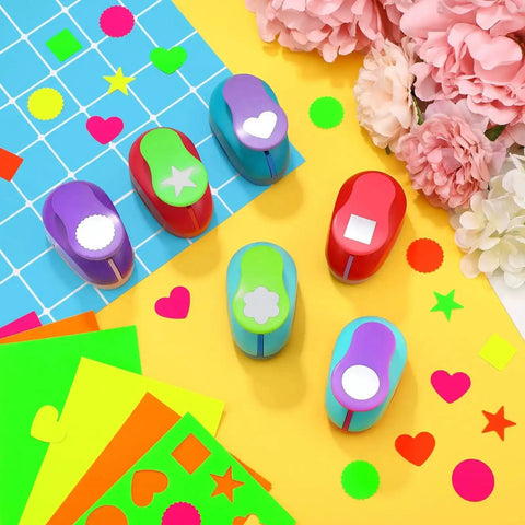 36 Piece Craft Hole Punch Shapes with Colorful Sticker Paper for Scrapbooking, showing six 1-inch punchers and vibrant sticker sheets.