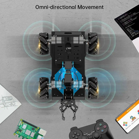Top view of Robotic Arm Kit With Raspberry Pi 4B 4GB Open Source Programming FPV AI Vision 6DOF Robotic Arm Kit With 4WD Mecanum Wheel