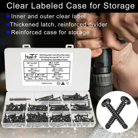 Open case showing Torx Drive Self Drilling Screws Set For Metal In 410 Stainless Black Dacromet Finish Pan Head Tek Screws Size Eight By One Half To One And One Half Inch 185 Pieces Plus One T20 Bit Tough As Nails Outdoor Ready And Corrosion Resistant.