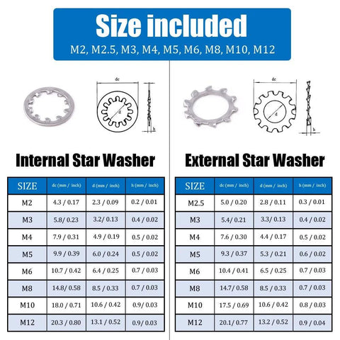 Hilitchi 304 stainless steel star lock washers set, internal and external tooth, 400-piece kit with M2–M12 sizes