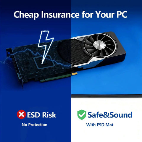 PC graphics card showing ESD risk vs. protection with Portable Anti Static ESD Mat Kit For PC Building And Electronics Repair.