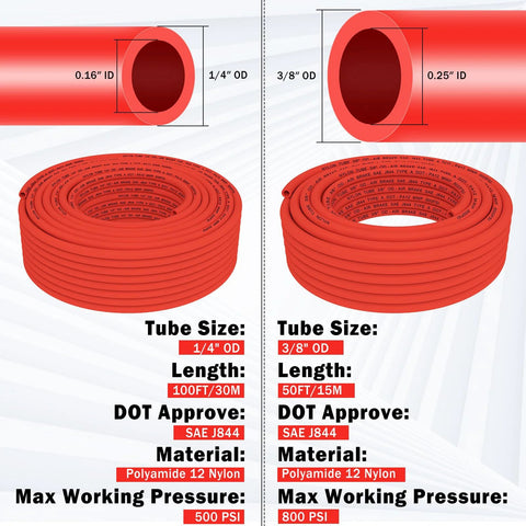 CheeMuii 76 PCS brass DOT air line fittings kit with red 1/4 in and 3/8 in OD pneumatic tubing (100 ft + 50 ft)