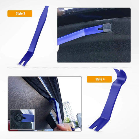 Auto Trim Removal Tool Kit 5 Piece No Scratch Pry Set for Car Door Panels and Dashboard Clips Dismantle Easy Includes Fastener Remover and Nylon Construction for DIY Car Repair close-up of blue nylon tool styles