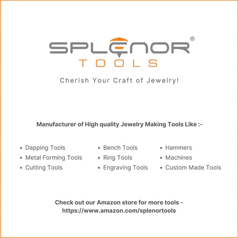 Brand logo for Splenor Tools with a list of jewelry making tools available, including dapping and cutting tools, and online store link.