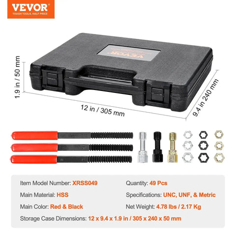 49 Piece Thread Restorer Set With Heat Treated Steel Taps Dies UNC UNF Metric in black case with red and black handles