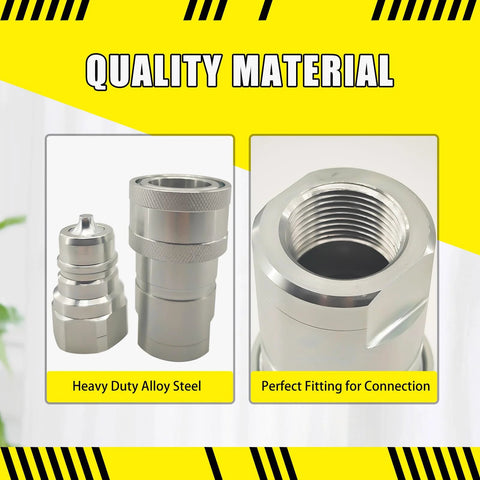 Hydraulic quick-connect coupler set, two-piece, heavy-duty carbon steel, 1'' NPT, dust cap, front view.