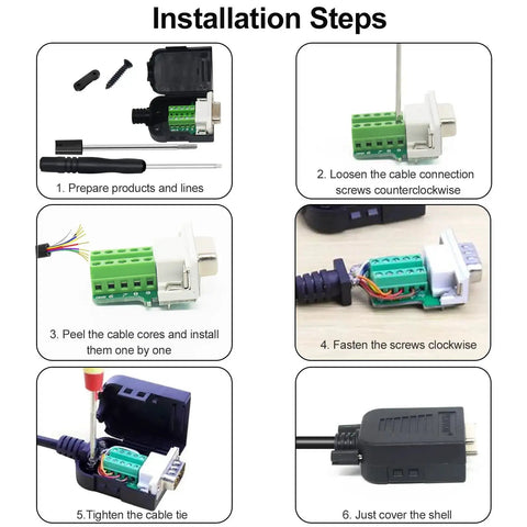 Installation steps for DB9 Solderless Breakout Connector Set - RS232 D-Sub 9-Pin Male and Female Adapters, pack of 10.