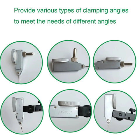 Side views of Ultra Precise Dial Test Indicator with Magnetic Base Stand in different clamping angles for machining and metrology