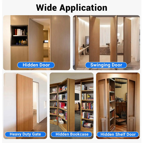 Wide application of Beefy Stainless Steel Hidden Door Hinge With 360 Degree Pivot Rotation And 570 Lbs Load Bearing displayed.