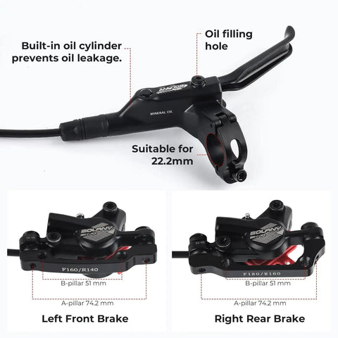 BOLANY MTB hydraulic disc brake set; left front and right rear calipers with 22.2mm clamp