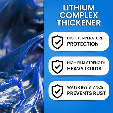Blue lithium complex wheel bearing grease cartridge, high-temp NLGI 2, multipurpose for axles, CV joints, ball joints.
