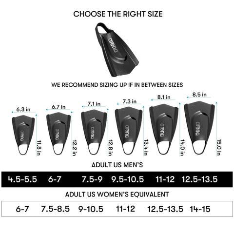 Size chart for unisex lightweight swim training fins with open heel design, silicone short blade flippers, sizes 4.5-15