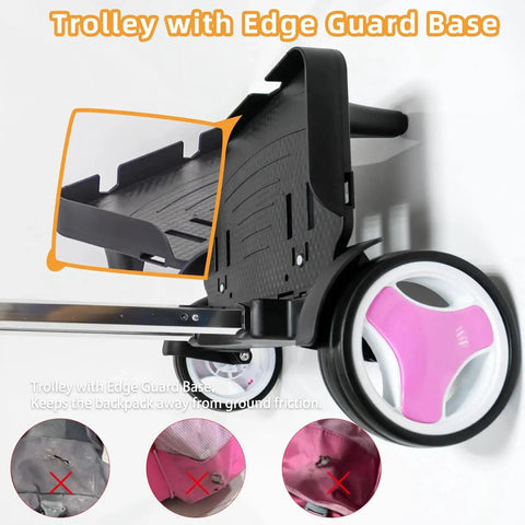 Foldable Aluminum Backpack Trolley Cart With Stair Climbing Wheels, edge guard base close-up, pink wheels, ground protection feature