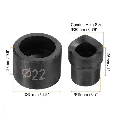 2-Piece Conduit Punch And Die Set, 22mm Hole Cutter, shown with size measurements, Chrome Steel Manual Knockout Tool For Hydraulic Knockout Driver