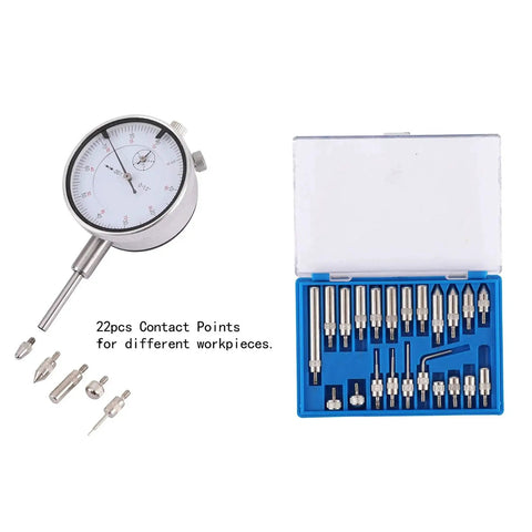 Front view of Qnkaa dial indicator with magnetic base and long arm, 22-piece contact point kit in blue case.