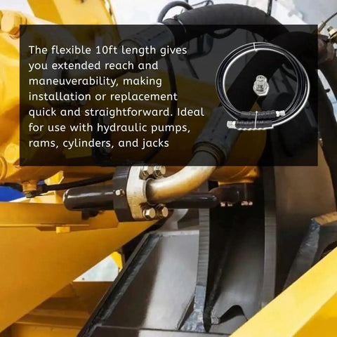 Pro Grade Built Tough 10 Foot High Pressure Hydraulic Hose Kit 10000 PSI CH604 installed on machinery, black 10 ft length hose.