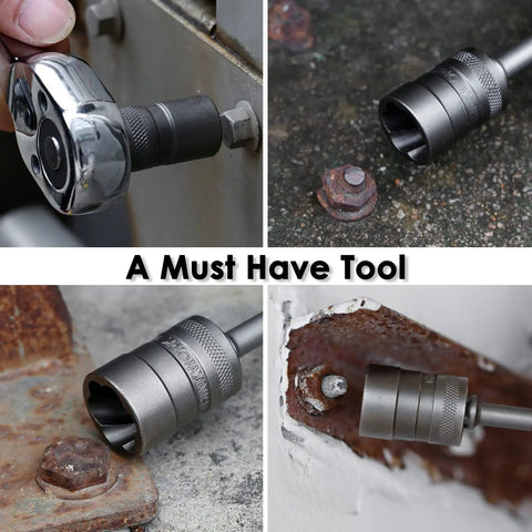 Bolt Extractor Kit For Damaged Fasteners, 32 Piece Nut And Bolt Remover Set, chrome-molybdenum steel bits in use on rusted bolts