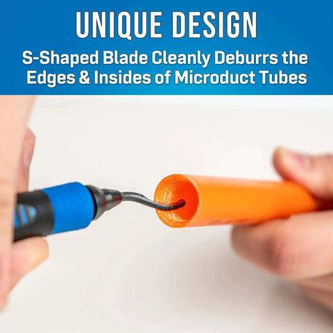 Hands using s-shaped blade tool to deburr orange microduct tube from Pro Grade Heavy Duty 14-Piece Fiber Optic Duct Kit With Precision Tube Cutters And Versatile Tools For Microduct And Large Fiber Ducting Work Ready Ducting Toolkit