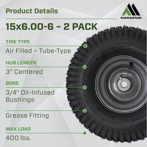 Two Pack 15x6.00-6 Pneumatic Tire And Wheel Assembly For Riding Lawn Mowers Turf Saver Front Tires 4 Ply Center Hub Grease Fitting Easy Install Fits Craftsman Riding Mowers, specifications and features displayed.