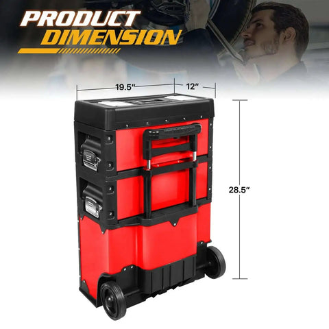 Heavy Duty Rolling Tool Chest With Three Tier Stackable Design On Wheels For Tools And Small Parts, Modular Drawer System And Mobile Garage Organizer, Durable Steel Box For Shop Or Garage, Black Red Finish, shown from the side with dimensions.
