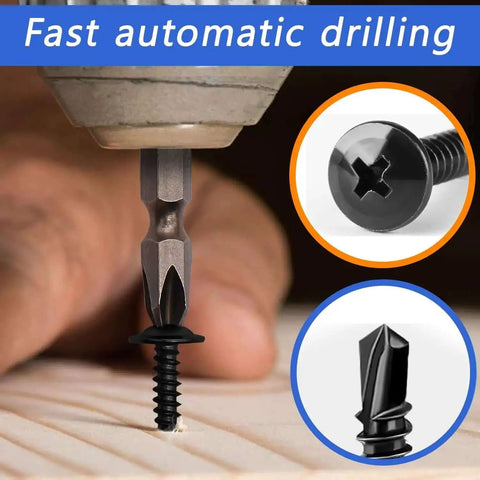 Close-up of drilling with 210Pcs Sheet Metal Screws Kit With Self-Tapping And Self-Drilling, showing black zinc plated screw.