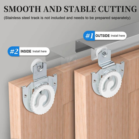 8 Pack Sliding Wardrobe Door Hardware Kit With Roller Wheels Round Recess Pulls Knobs Adjustable Hooks And Screws For Two Wood Doors Galvanized Steel Construction And Dual Floor Guides For Easy Smooth Operation installed view