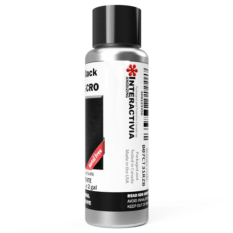Side view of bottle labeled 'Professional Aluminum Anodizing Pigment Dyes Black E CRO Light To Rich Black Powder Concentrate Makes 7.6 Liters Or 2 Gallons With UV Protected Bottle For Long Shelf Life And Easy Color Reference On Bottle.'