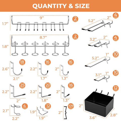 Diagram showing quantity and size of hooks and components for a storage solution, including dimensions and quantities of each item.