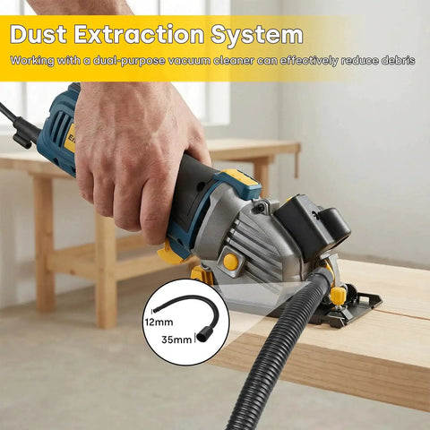 Powerful Mini Circular Saw With Laser Guide, 600W Corded, 5,500 RPM, Three And A Half Inch Blade Set in use on wood