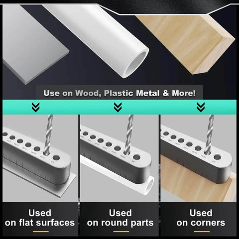 Pro Grade DIY-Friendly Portable Drill Guide For Straight Holes With 17 Drill Sizes from 1/8 to 3/8 in use on wood, metal, and plastic.