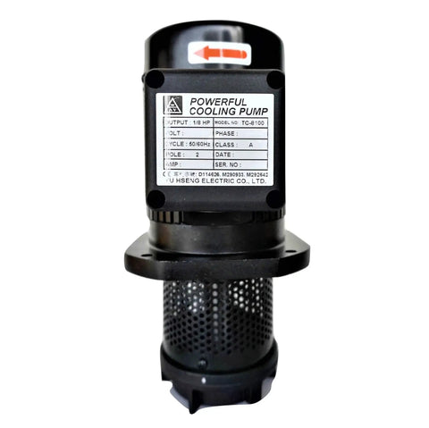 Efficient Workhorse One Eighth HP Coolant Pump For Lathe And Bandsaw Tools with 100 mm immersion length, front view.