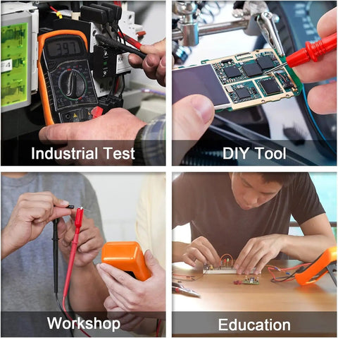 Digital Multimeter Voltmeter And Battery Tester With Backlit LCD For AC DC Voltage DC Current Resistance Continuity Diode Transistor HFE Test And Car Battery Check Includes Test Leads used in various testing applications.