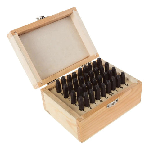 36 Piece Letter And Number Steel Punch Stamp Set With Wood Storage Case For Metal Leather And More, open case view
