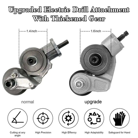 Comparison of normal and upgraded versions of electric drill plate cutter attachment with thickened gear.