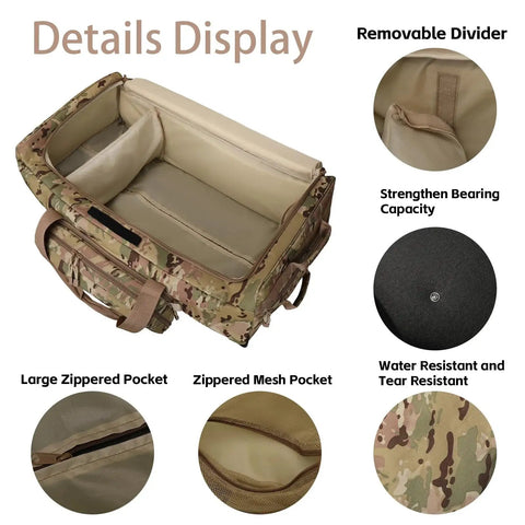 Open Heavy Duty 120L Three Wheel Rolling Duffle Bag showing camo design, large main compartment, removable divider, and zippered pockets.