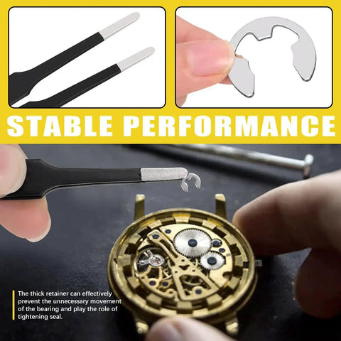 Stainless Steel E Clip Assortment Kit With 14 Sizes For DIY And Mechanical Repairs External Retaining Rings In 1.5 To 15 Mm 211 Pieces With Tweezers And Storage Box Great For Auto Bike Machinery And Hobby Shop Projects, shown used with machinery.